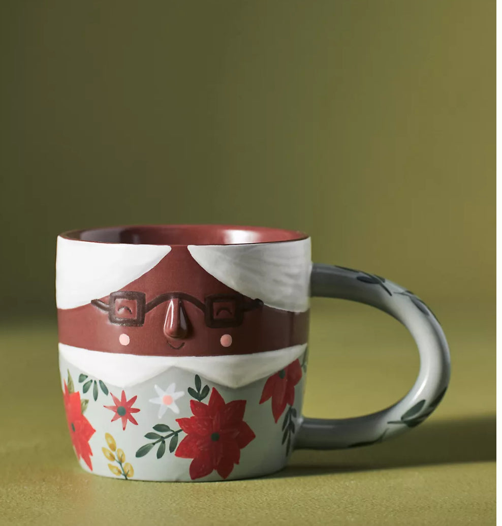 #116 Anthropologie Fotini Mr. & Mrs. Claus Stoneware Holiday Christmas Mugs set
