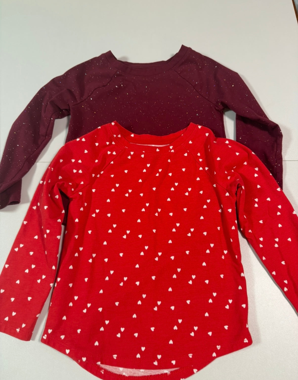#155 Reduced! 2 piece Cat and Jack long sleeve shirts (maroon glitter, red hearts), girls size 4T