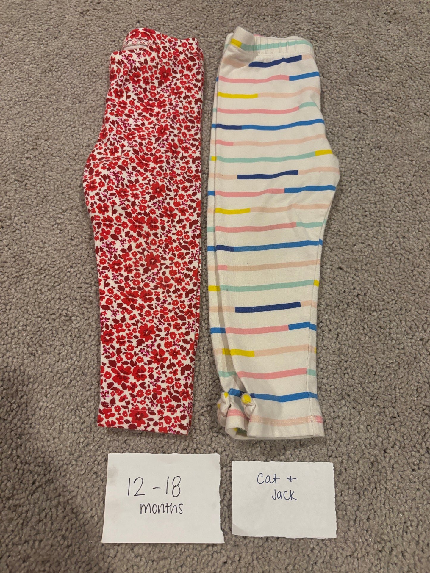 #138 - 12-18 Mo - VGUC Cat & Jack - 2 Pair Leggings (red floral + Striped) - PU 45236