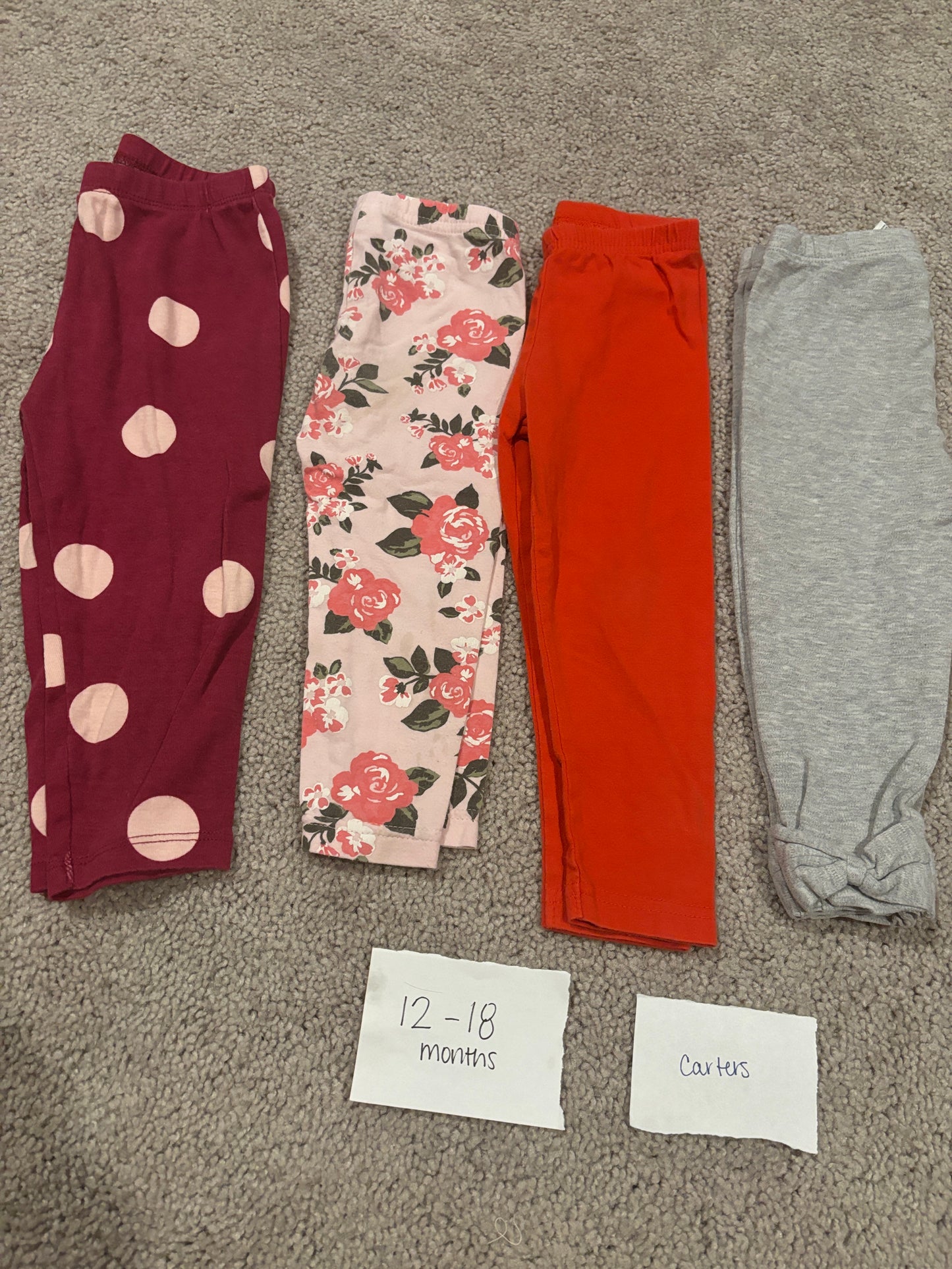 #138 - 12-18 Mo - VGUC Carters - 4 Pair Leggings (maroon, floral, red, grey) - PU 45236