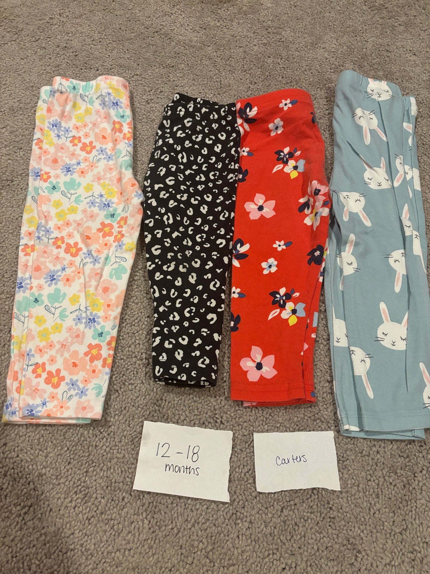 #138 - 12-18 Mo - VGUC Carters - 4 Pair Leggings (2 floral, bunny, black cheetah) - PU 45236