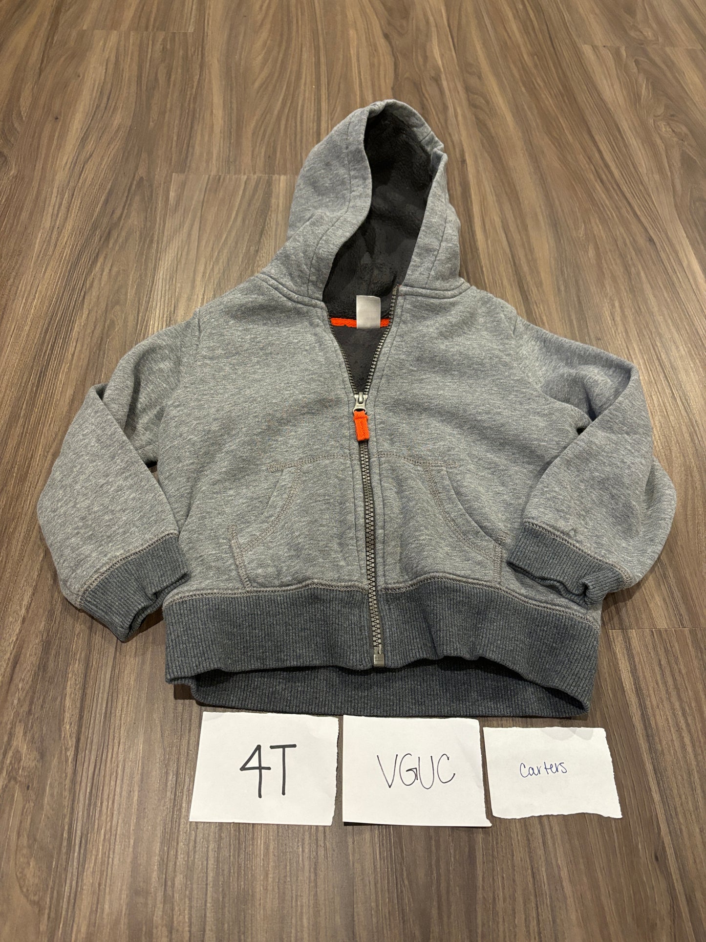 #138 - 4T - VGUC Carters - Grey Zip Up Hoodie - PU 45236