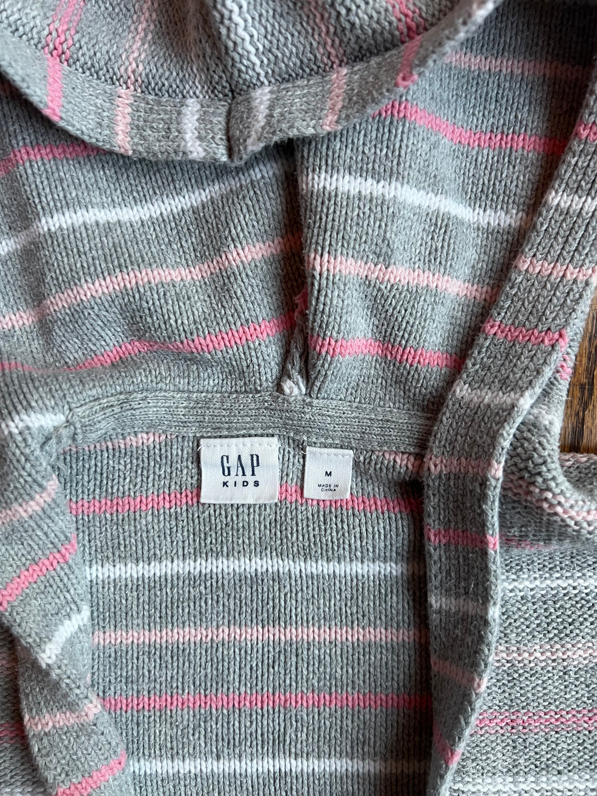 Seller #115 - Gap Kids Size M Gray, Pink, & White Striped Hooded Sweater, VGUC