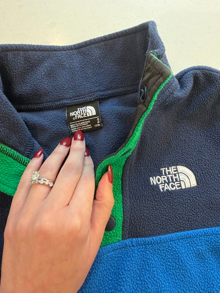 #9 Boys Small North Face Glacier T-Snap Colorblock Fleece Pullover, Blues/Green GUC