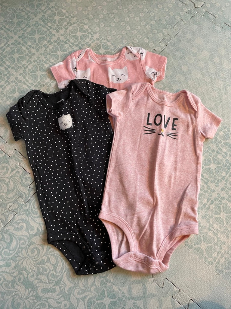 #57 Girls Carters pink and black cat onesies bundle, 6-9 months