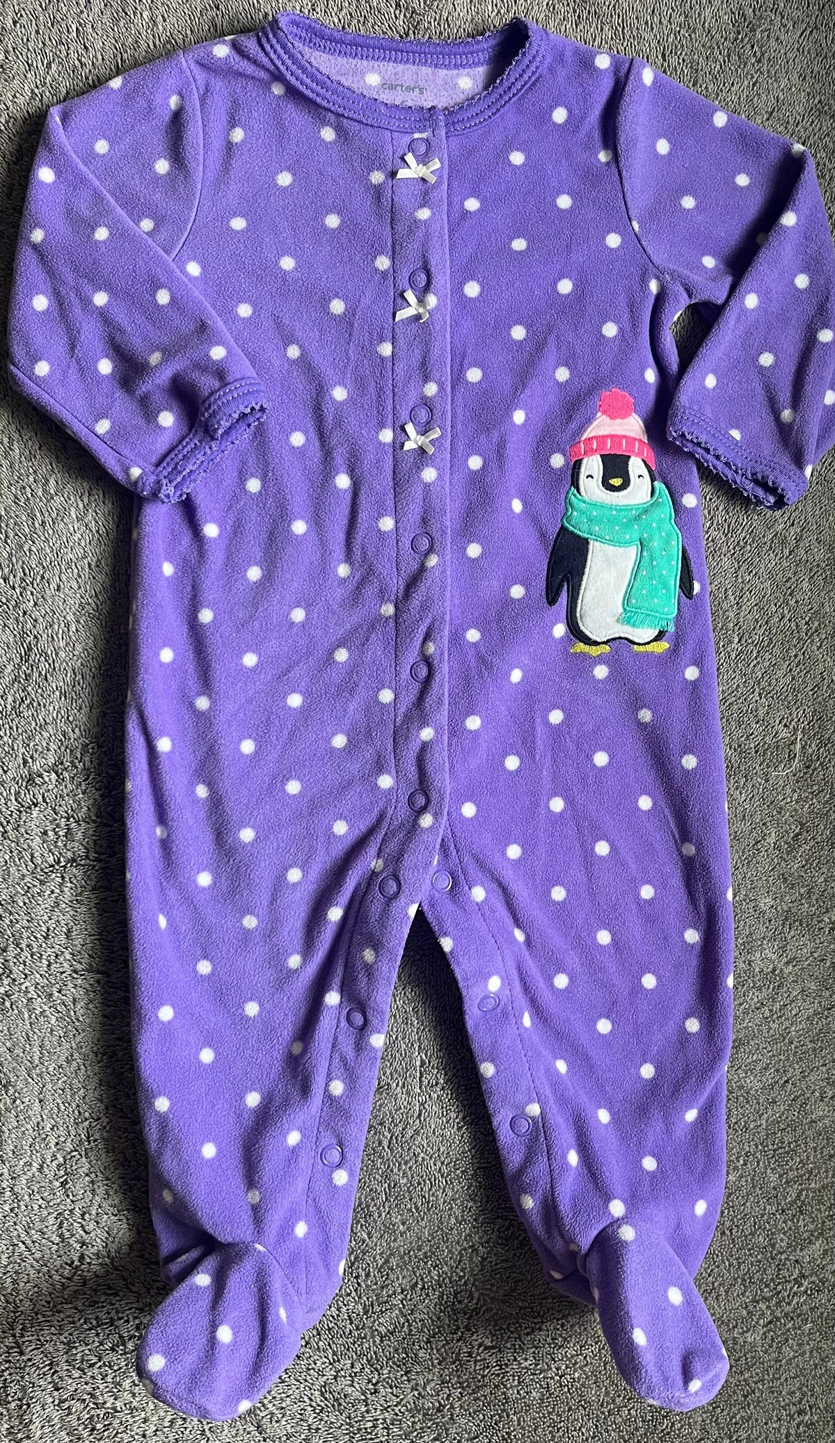 Seller #13 Carter’s girls 6 months fleece purple penguin sleeper pajamas