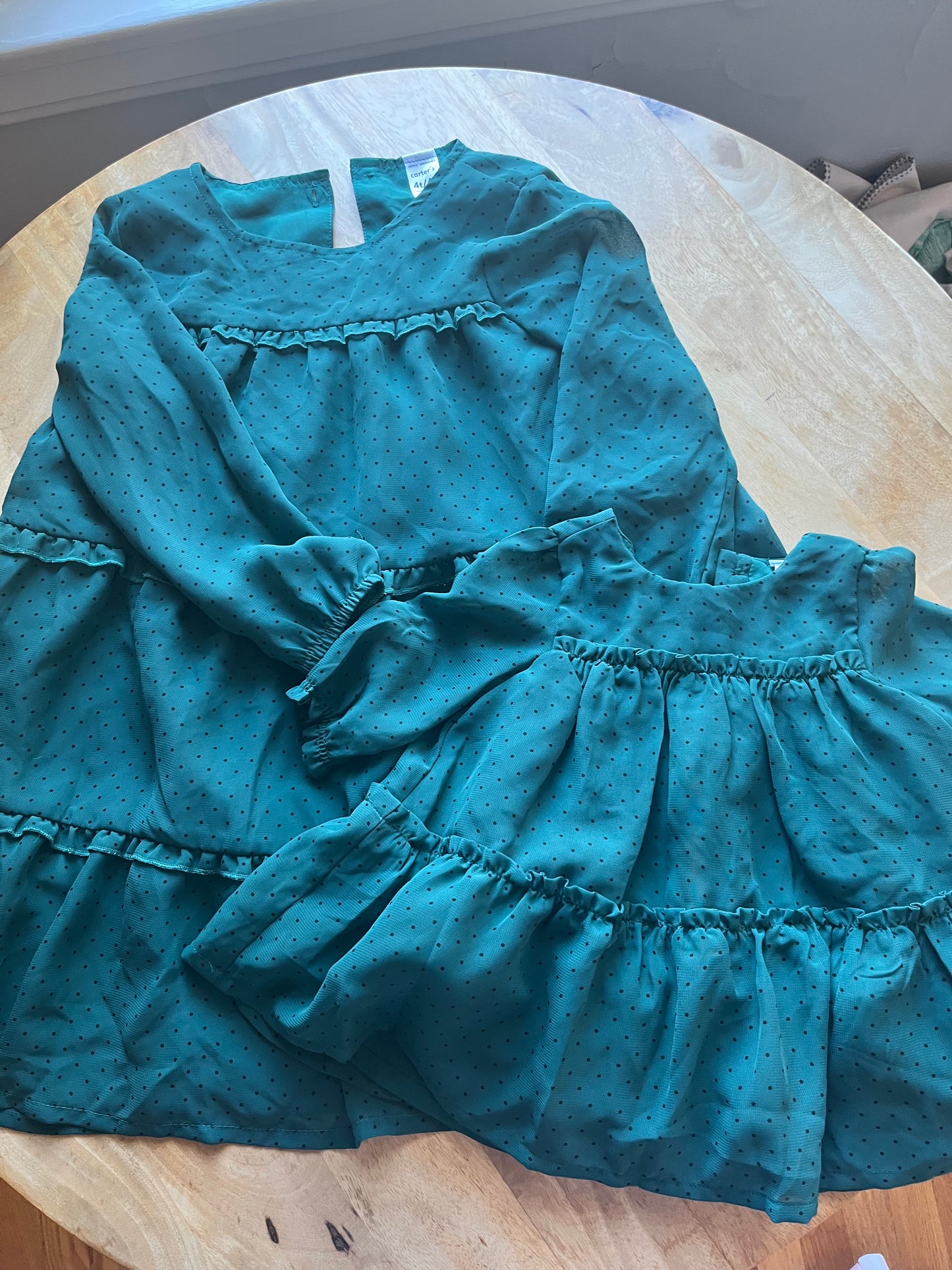 #97- Carter's 4T and 3month Matching Tiered Crepe ChiffonHoliday Dress- Dark Green