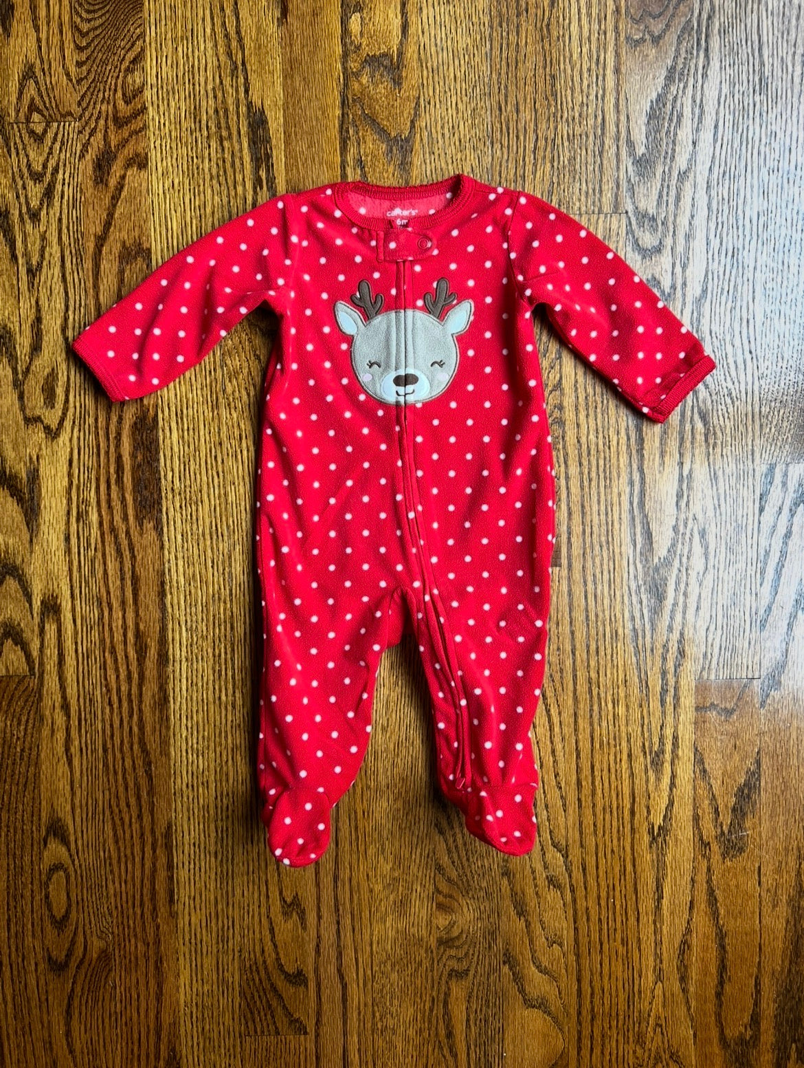 Seller #115 - Carter’s Girls 6M Red Polka Dots Reindeer Fleece Footie Pajamas, VGUC