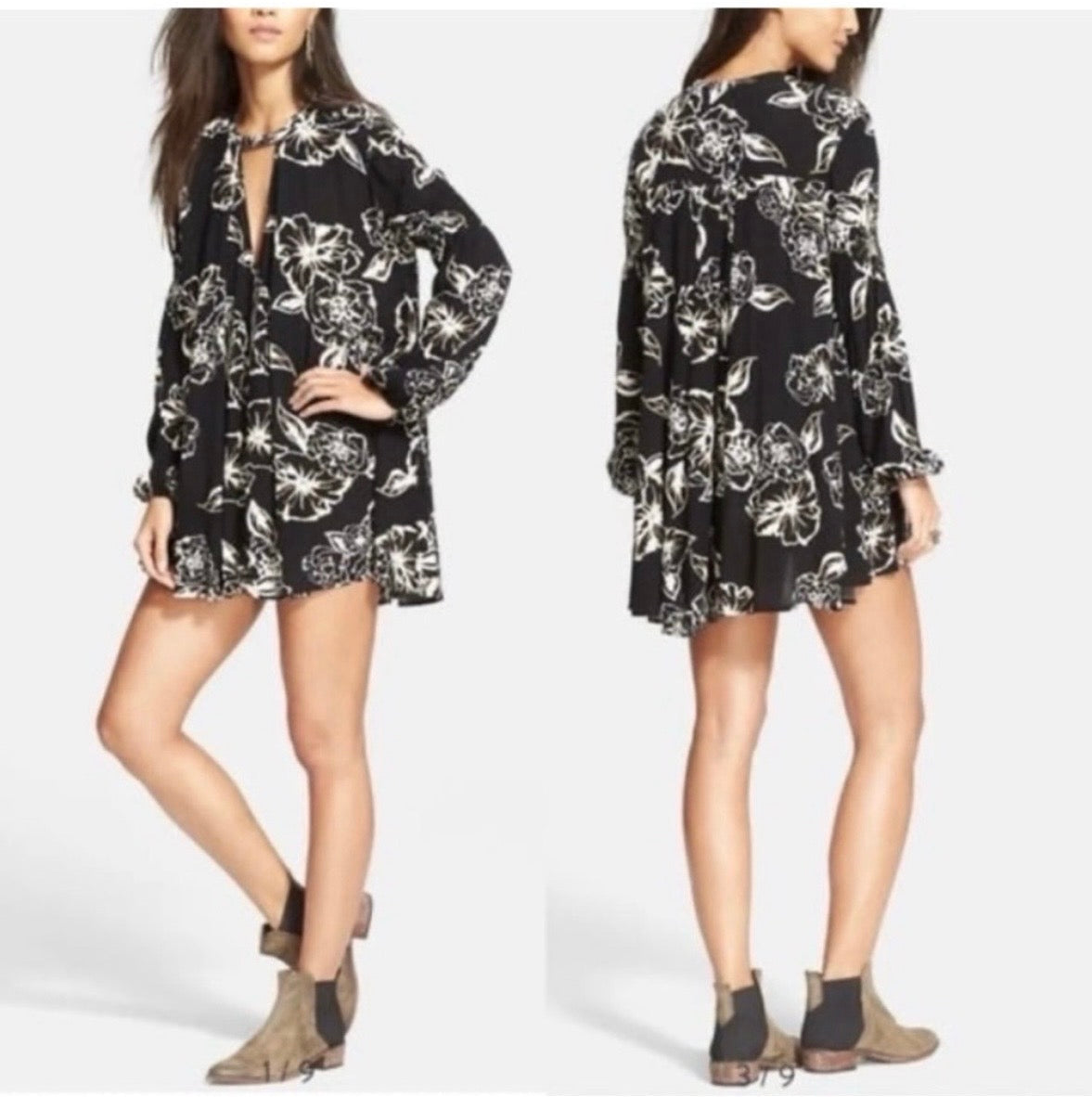 #130 Free People Snap Out of It Black Cream Floral Sz S Tunic Dress Womens Long Sleeve $298