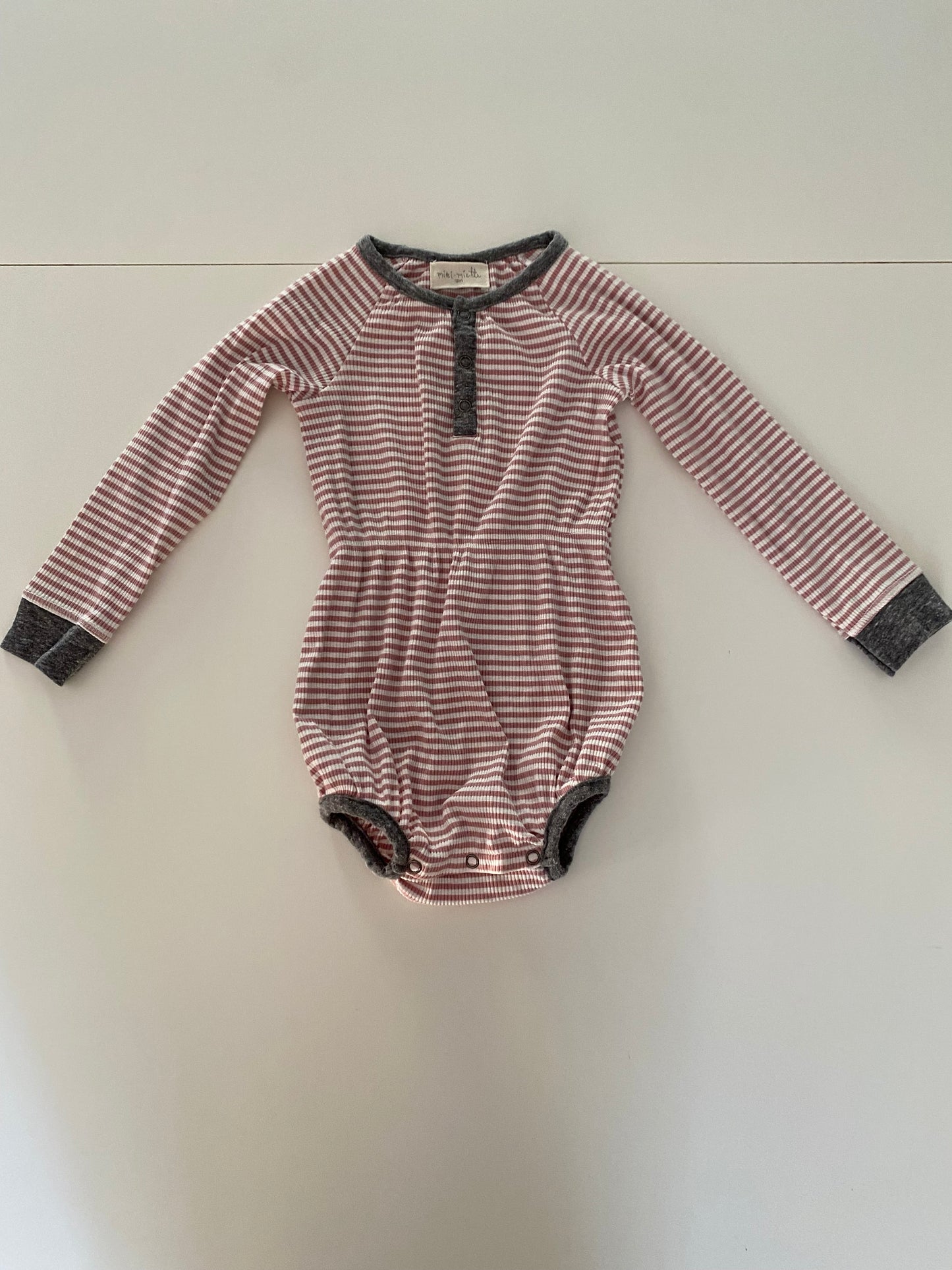 #117, Girls 18M, Miki Miette ribbed mauve/white stripe bubble onesie, VGUC