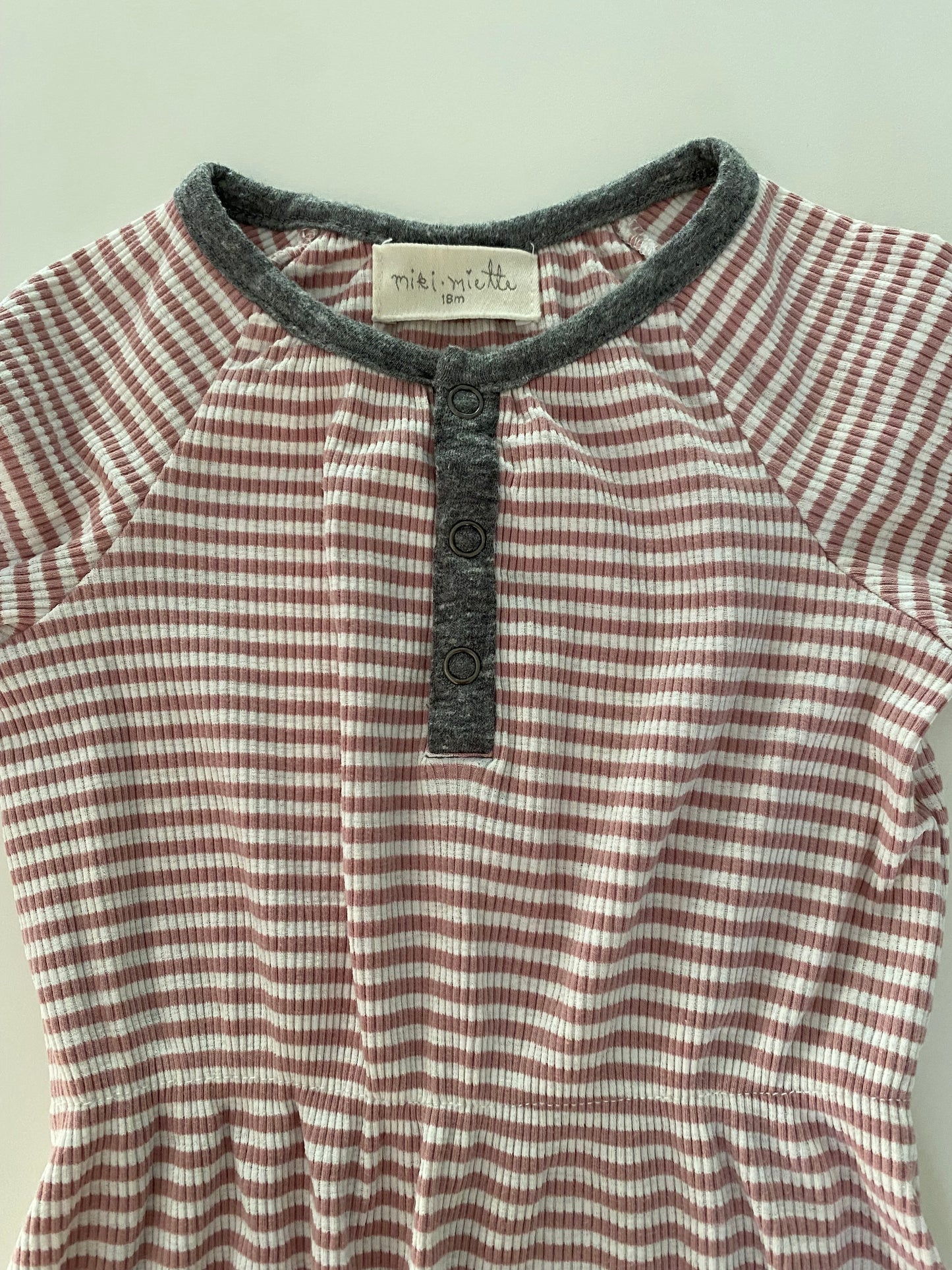 #117, Girls 18M, Miki Miette ribbed mauve/white stripe bubble onesie, VGUC