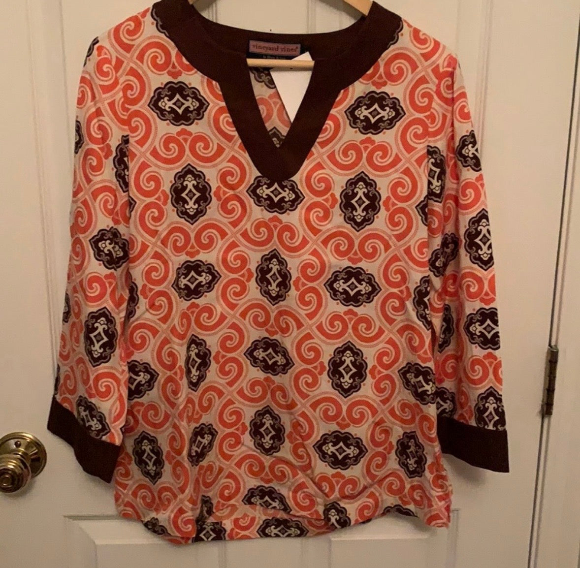 #130 Vineyard Vines Brown Orange Tunic Cotton Blouse Top Sz M Womens