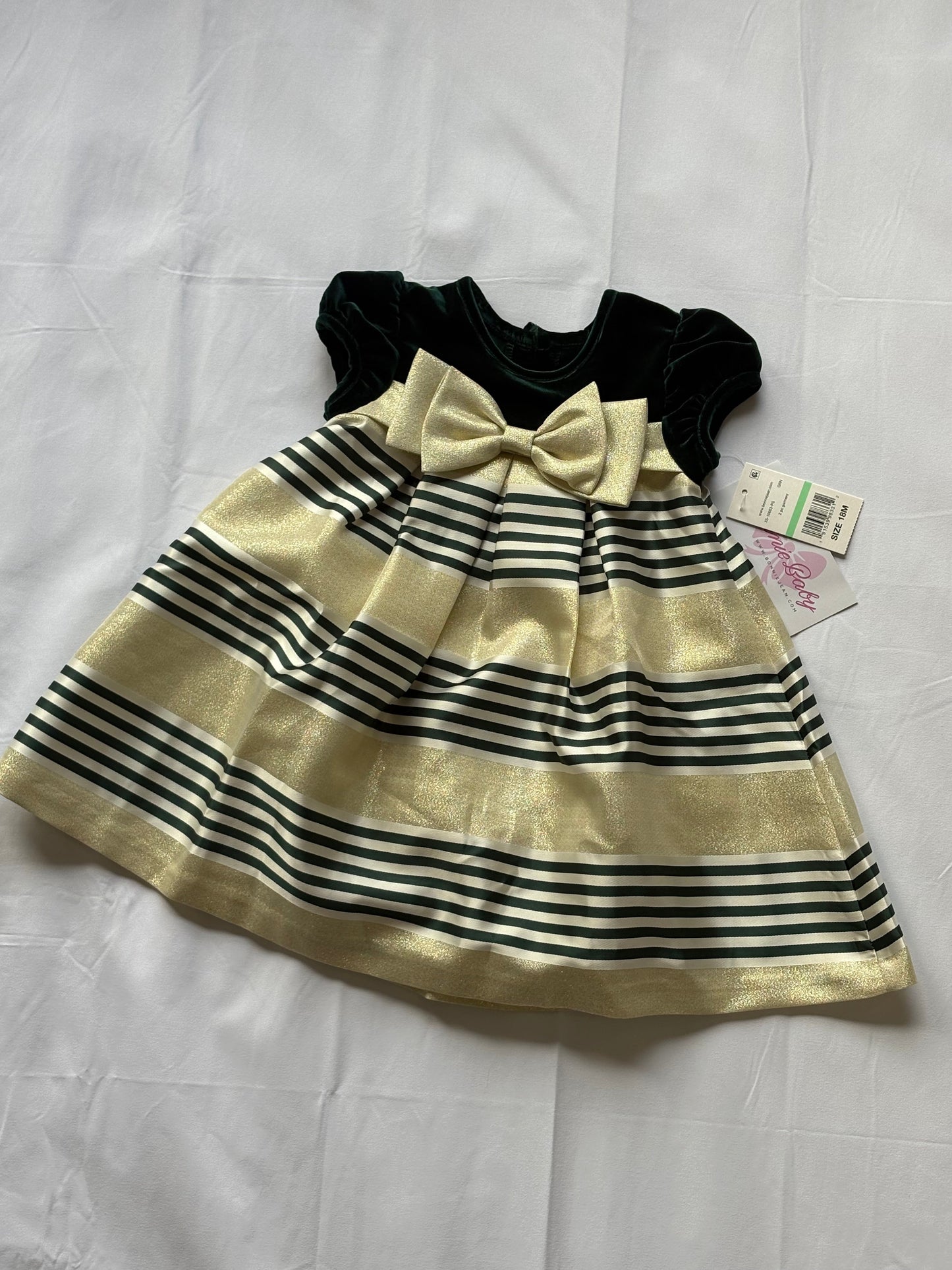 #88 REDUCED Bonnie Baby NWT Dark Green & Gold Dress Girls Size 18M
