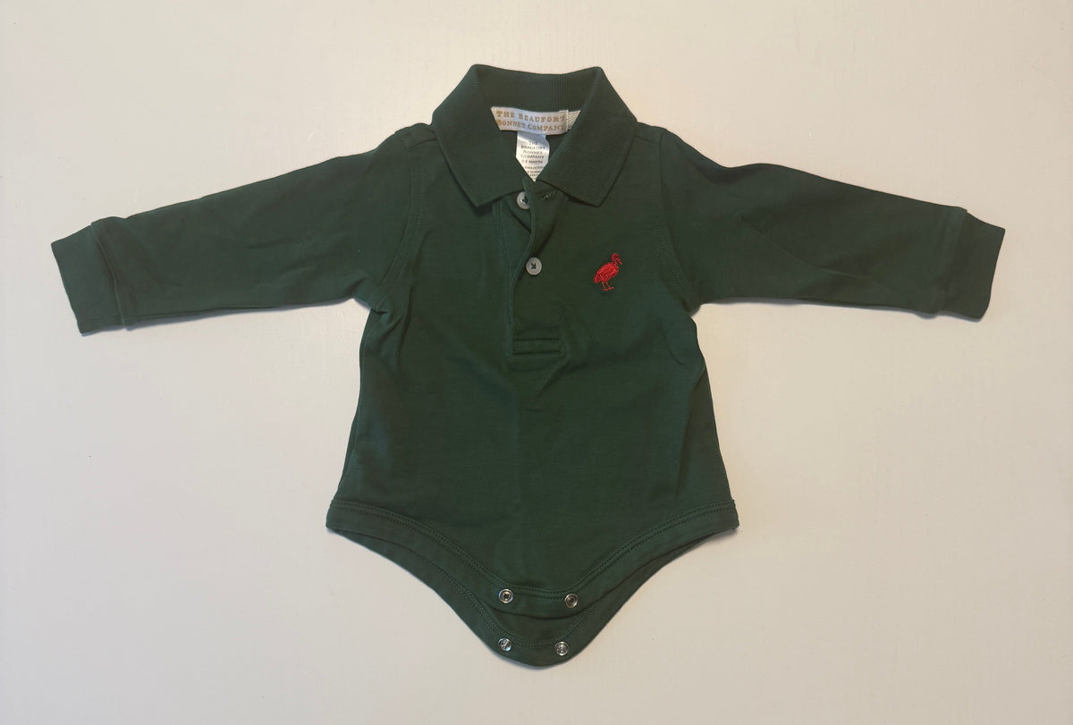 #93 LIKE NEW TBBC Prim & Proper long sleeve green polo onesie boys size 0-6 months