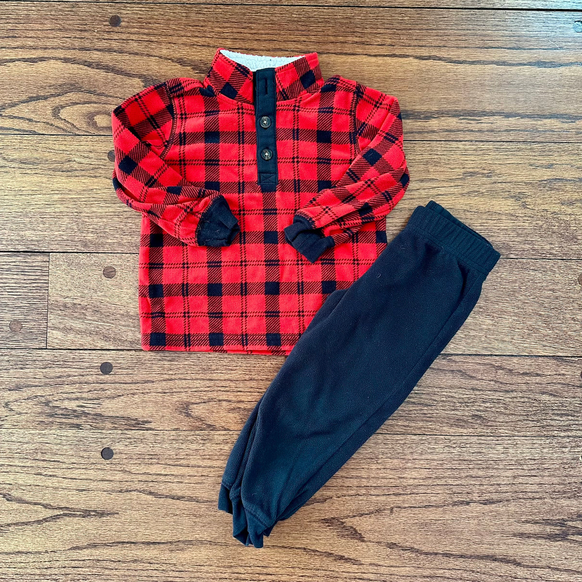 #113 EUC Boys Outfits Set of 2, Carters Red Plaid Buffalo Check Fleece (2T) and Carters Navy Truck Outfit (24 mos)