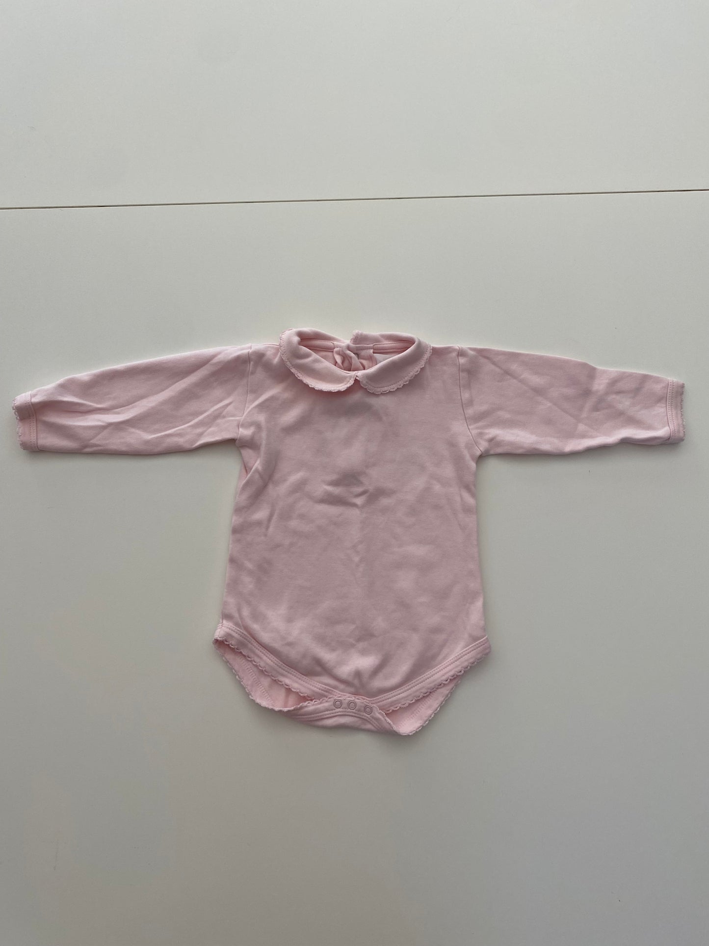 #117- Girls 6-12M, Carlino Pale Pink Peter Pan Collared Onesie, EUC