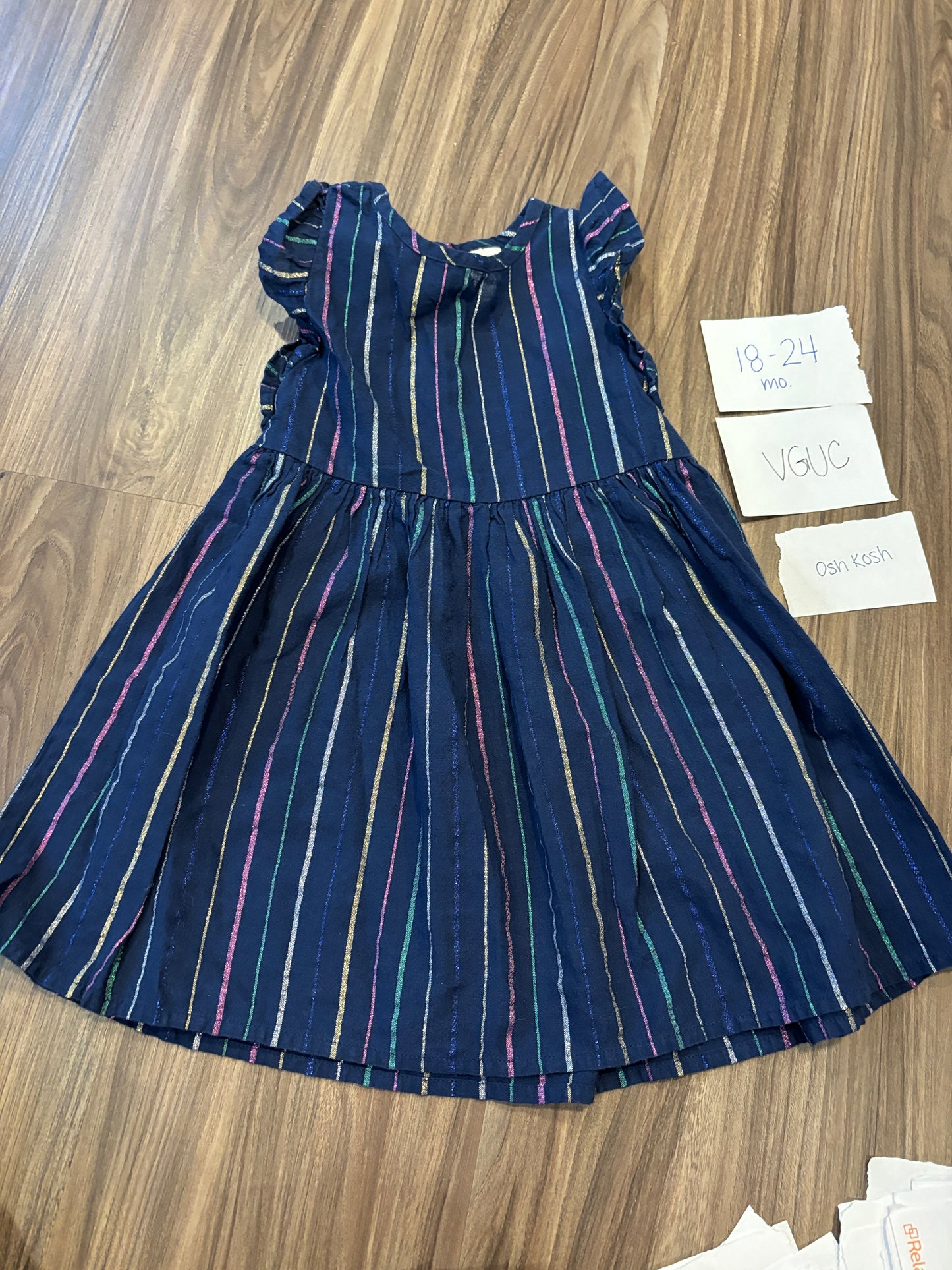 #77 - 18-24 Mo - VGUC Osh Kosh - Navy dress with metallic stripes