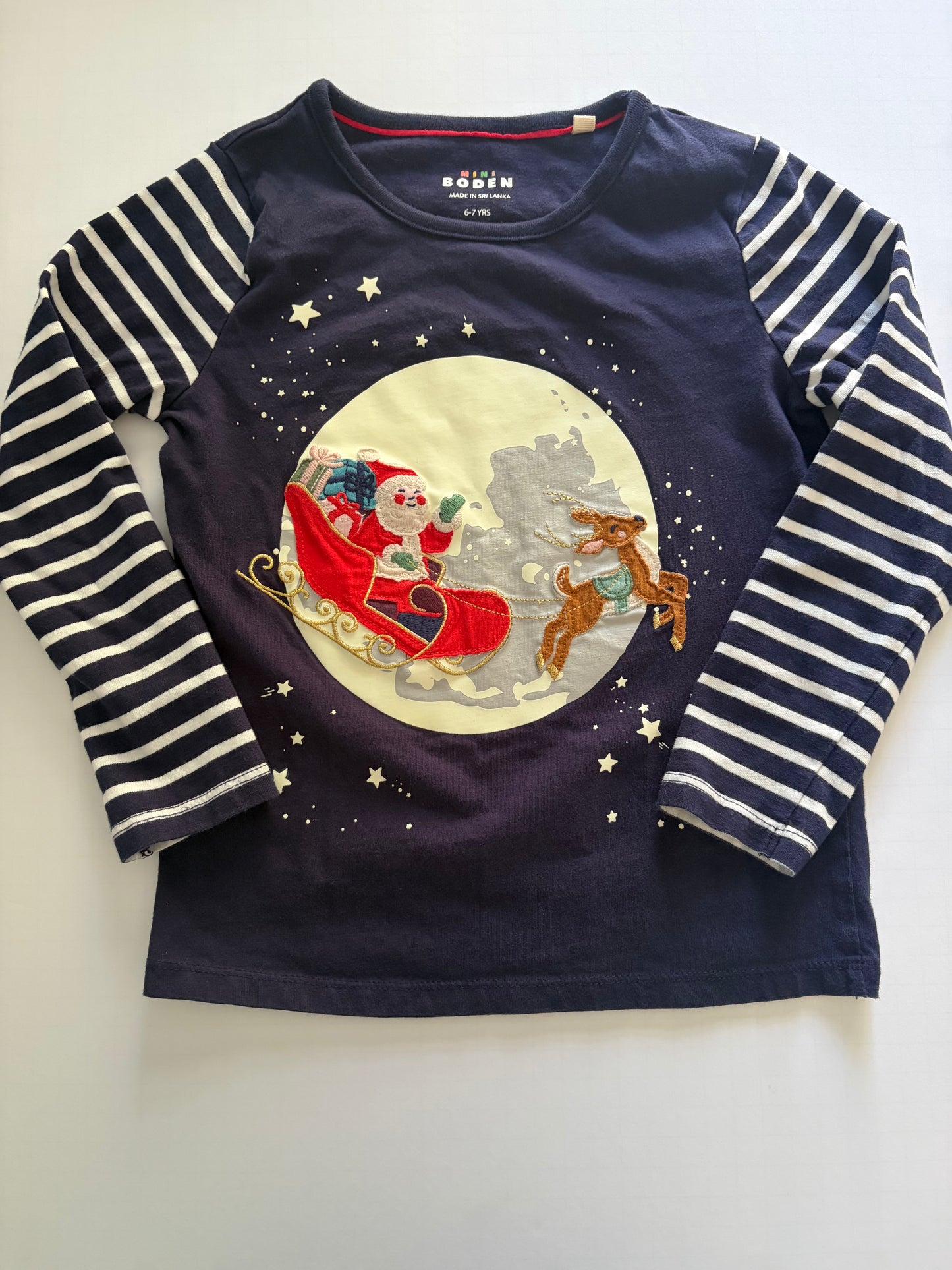 Seller #91 Girls' size 6-7 Boden long-sleeve with appliqué Santa sleigh EUC