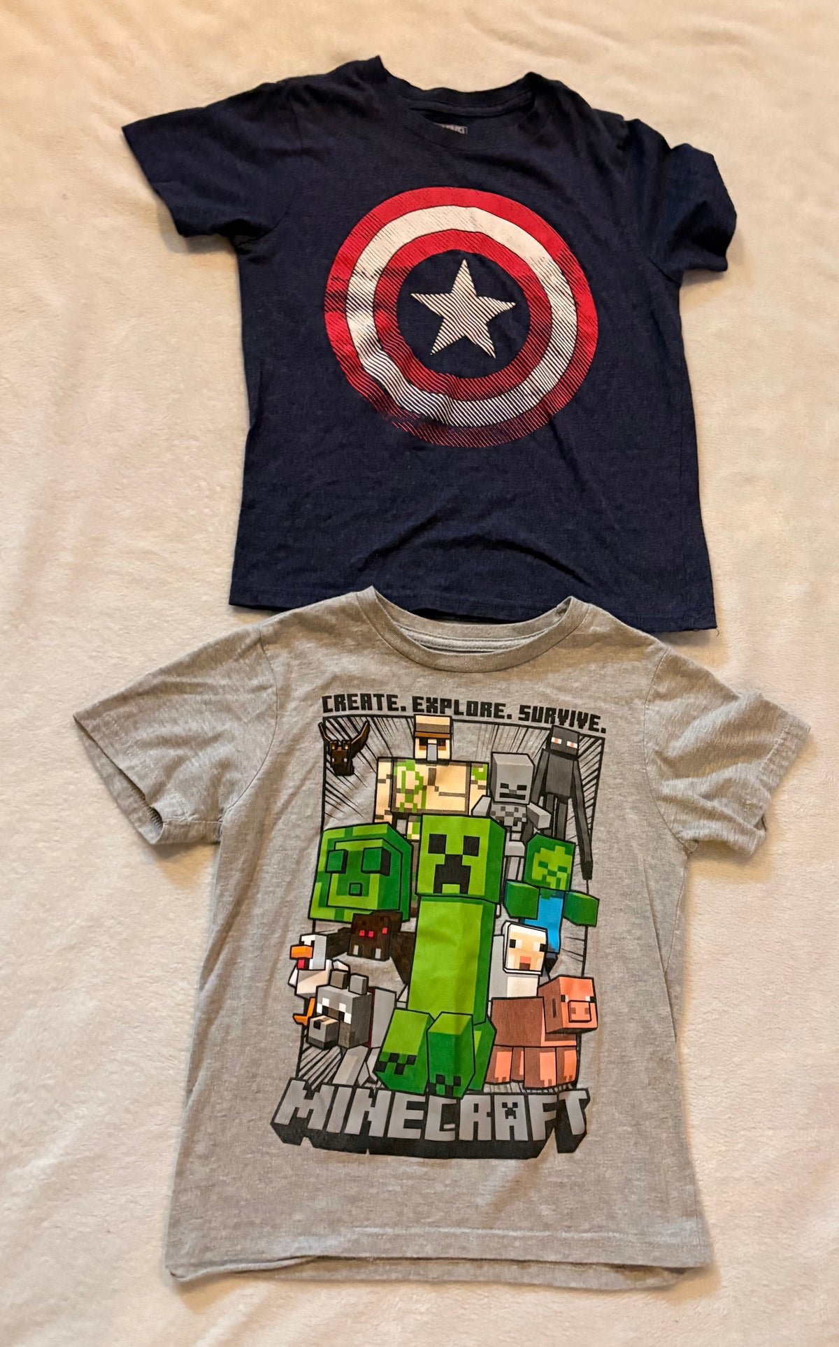 #102 - boys size S tees, Minecraft and Captain America