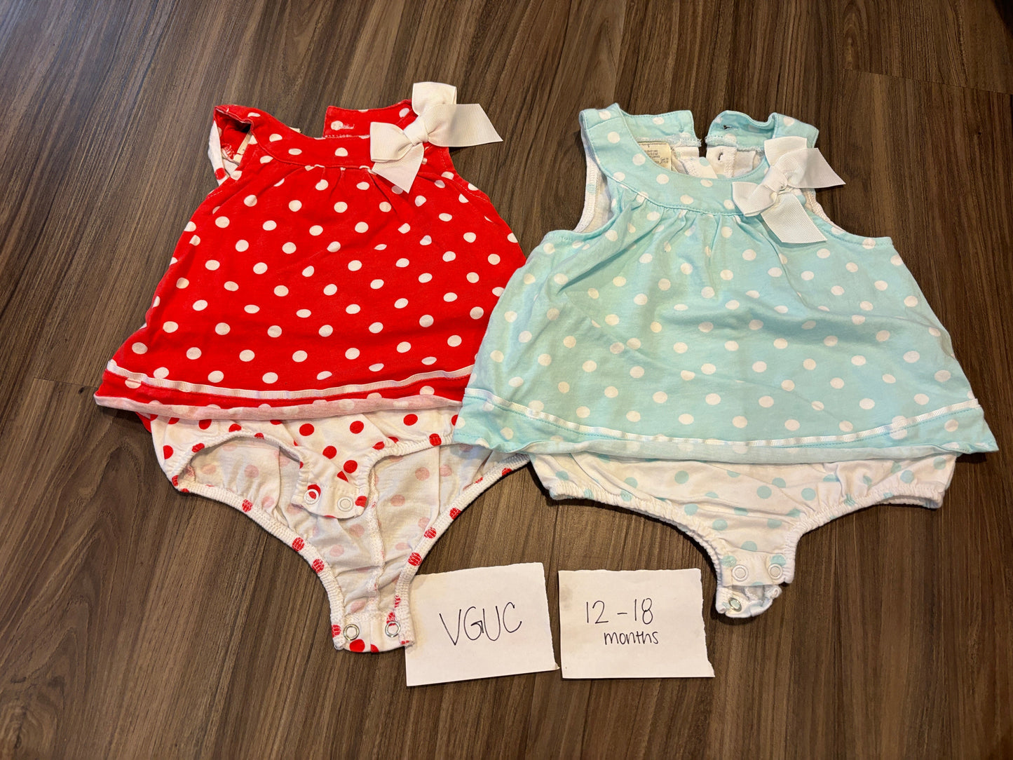 #77 - 12-18 Mo - VGUC First Impressions - 2 Bodysuits (red dot, teal dot)