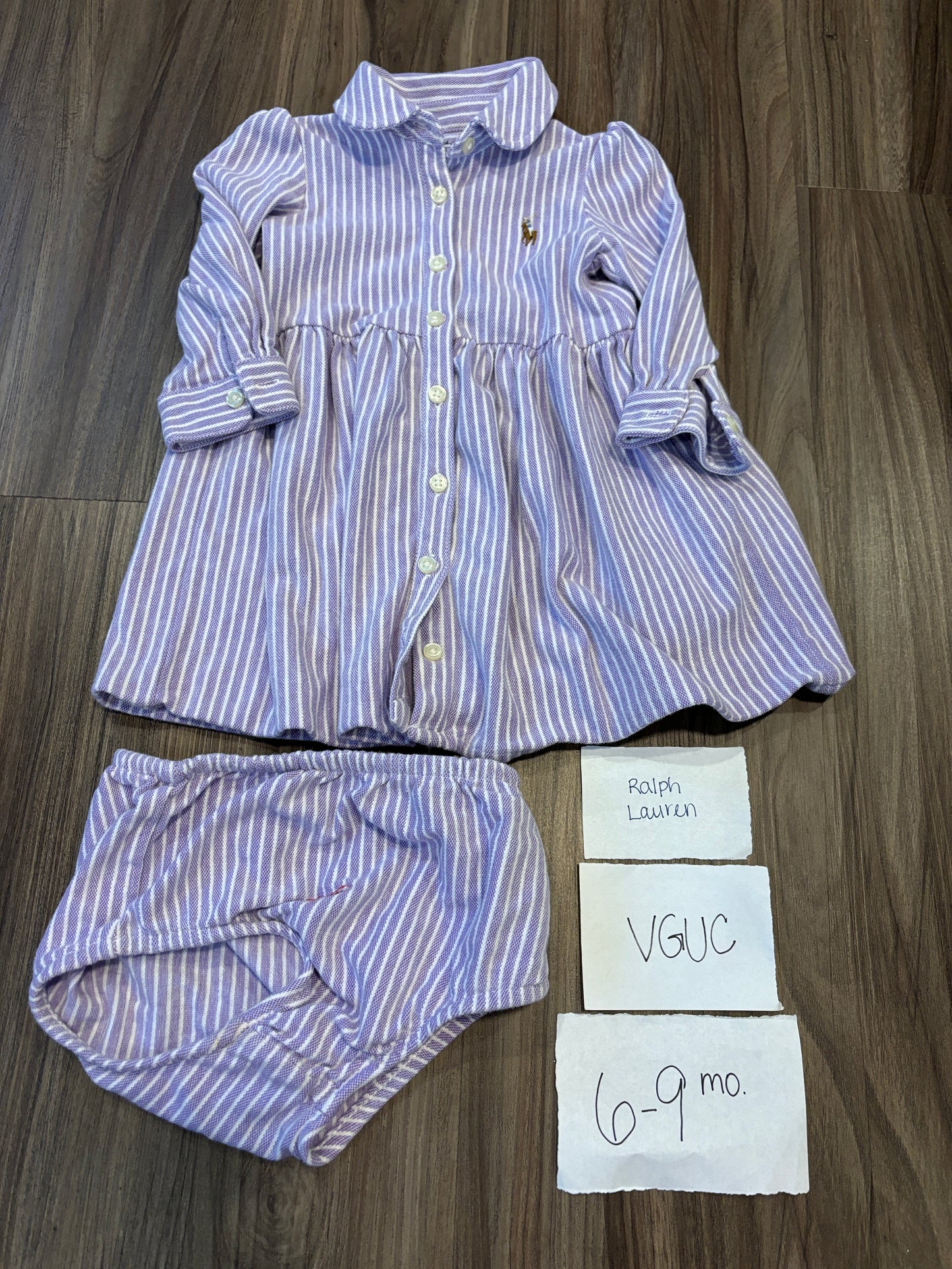 #138 - 6-9 Mo - VGUC Ralph Lauren - Purple Striped LS dress w/diaper cover - PU 45236