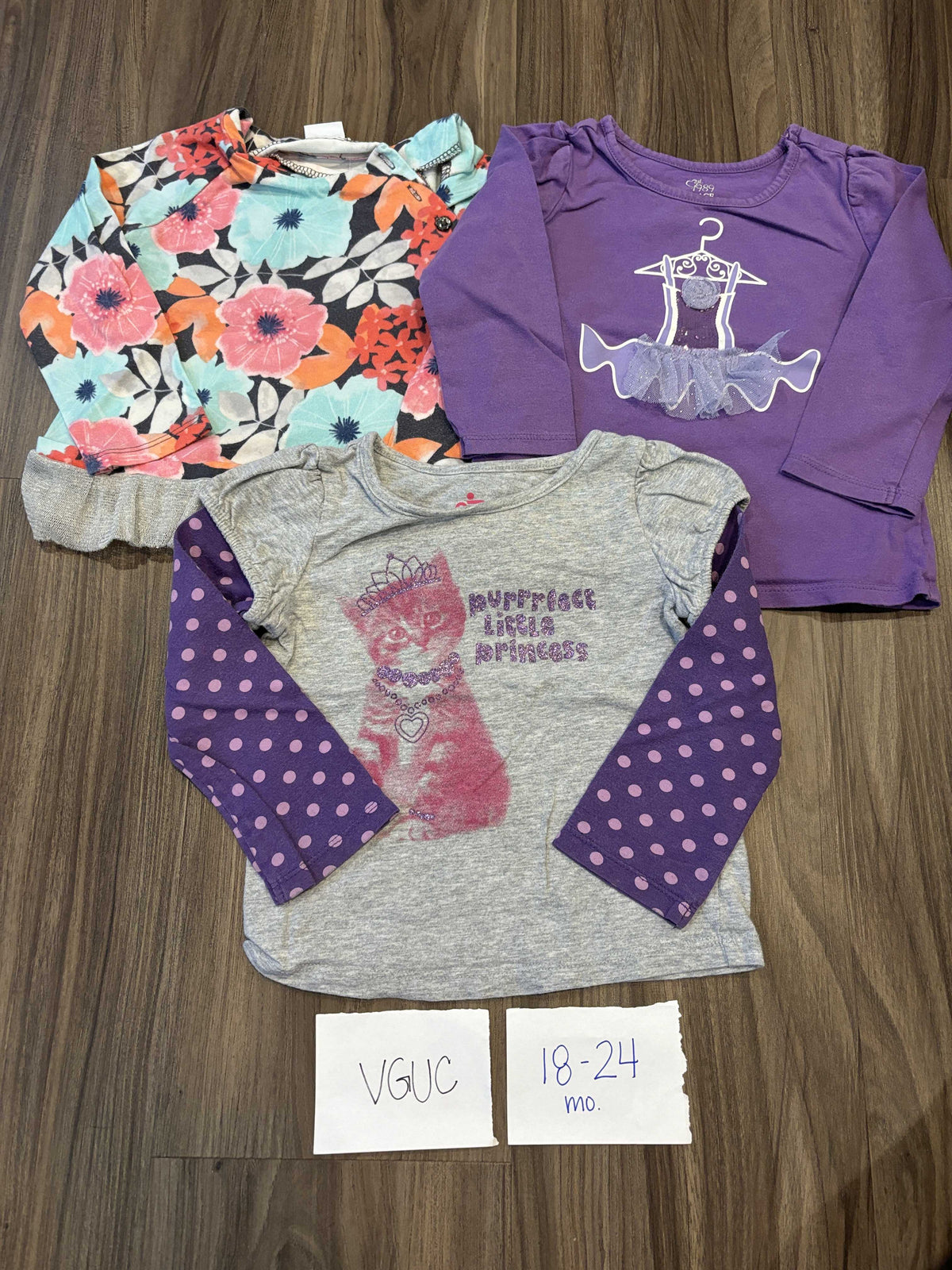 #138 - 18-24 Mo VGUC (3) LS Shirts (Floral, tutu, cat)