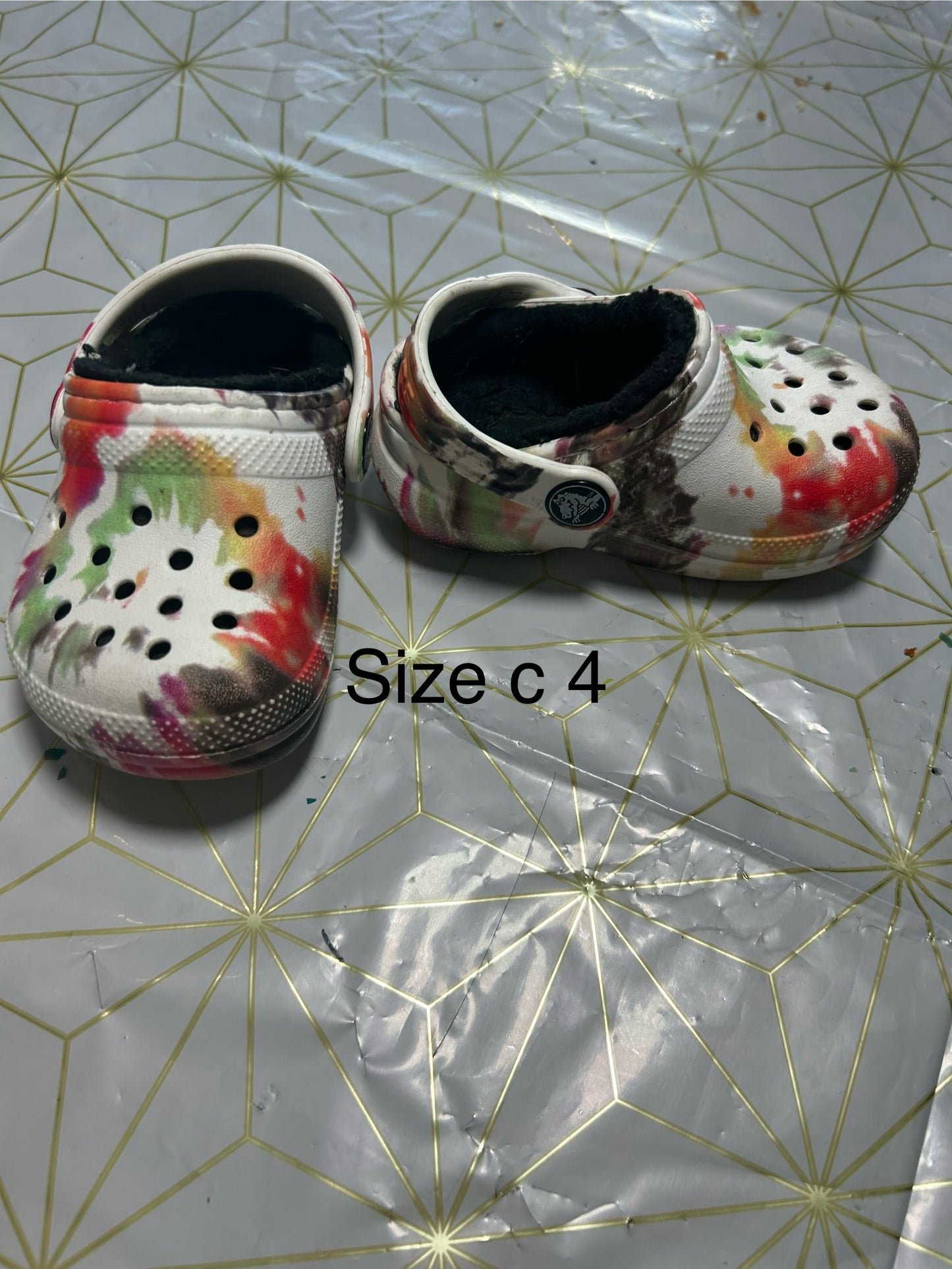 Seller #62 fur lined rainbow/tie dye crocs c 4