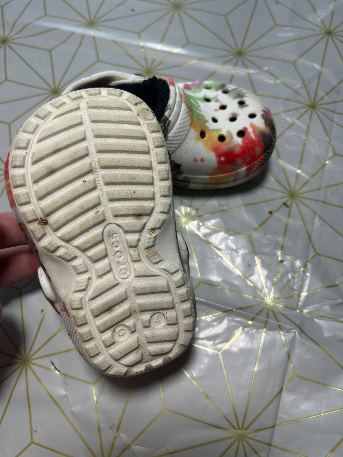 Seller #62 fur lined rainbow/tie dye crocs c 4