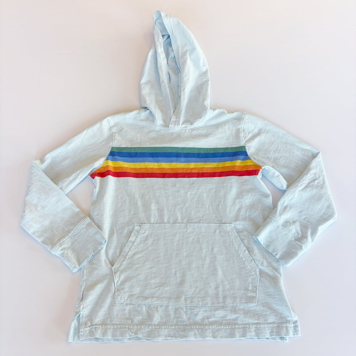 #96 | Size 8-9 | Primary Boys Blue Rainbow Stripe Hooded Shirt