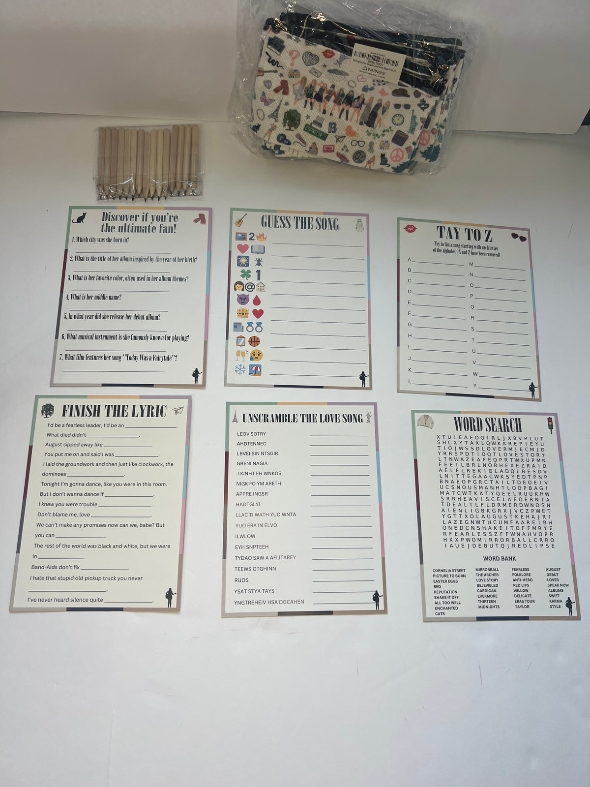 #180 Taylor Swift party game cards, pencils, and cosmetic bags