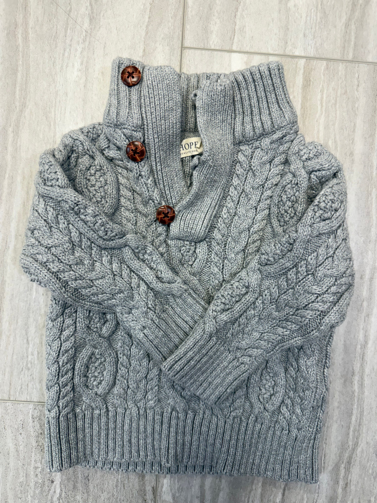 #110 Hope & Henry Baby Boy Gray Mock Neck Cable Sweater with Buttons 6-12 mo
