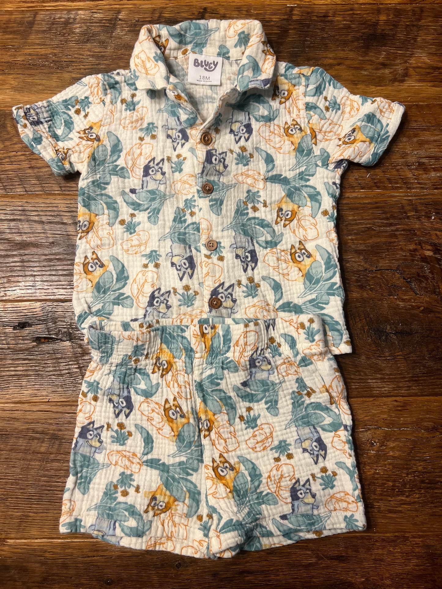 #67 Bluey Boy's Linen-blend Bluey & Bingo Printed Shirt & Shorts Set - Size 18M
