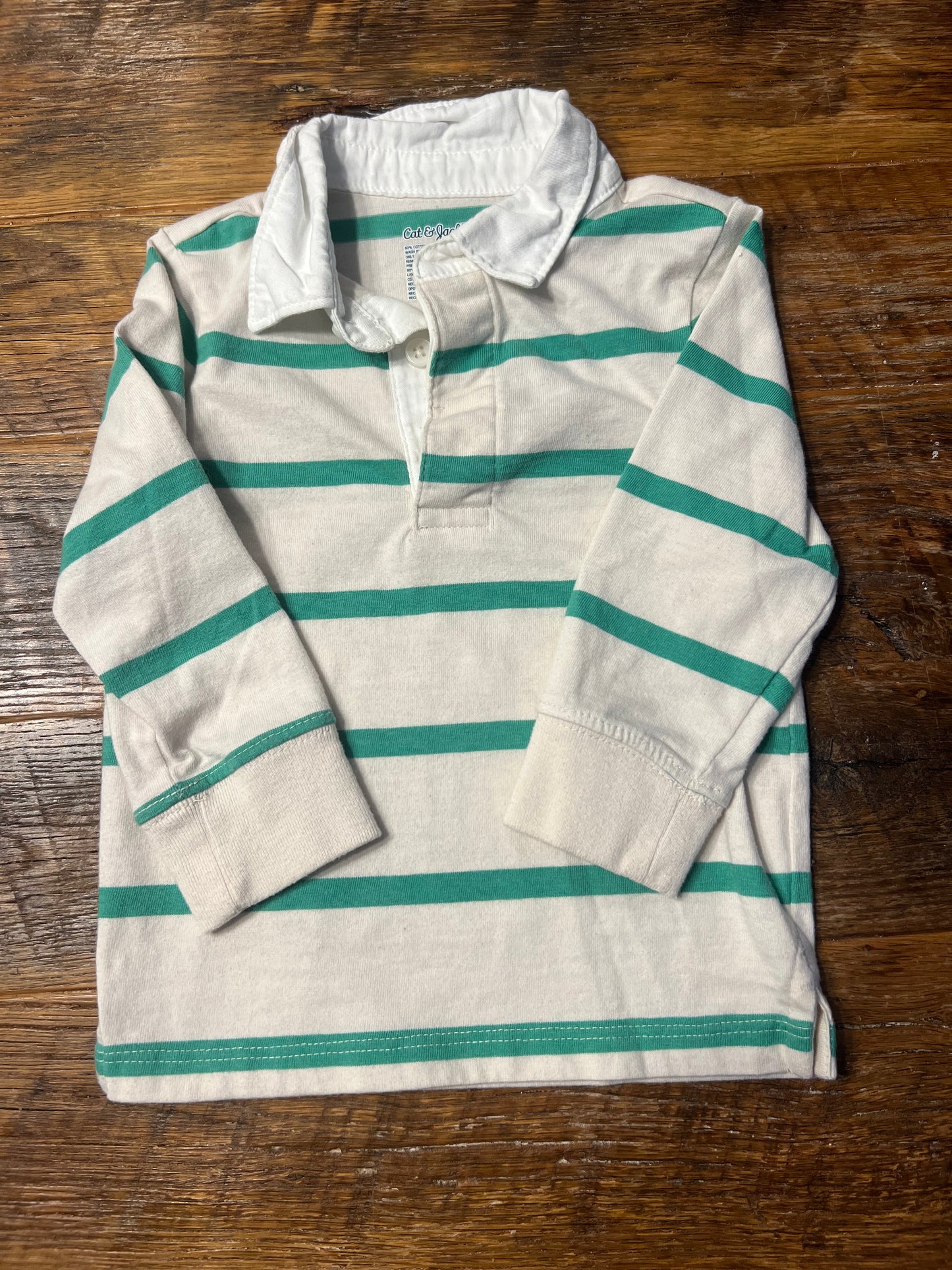 #67 Cat & Jack Boy's Green & White Rugby Style Collared Shirt - Size 18M