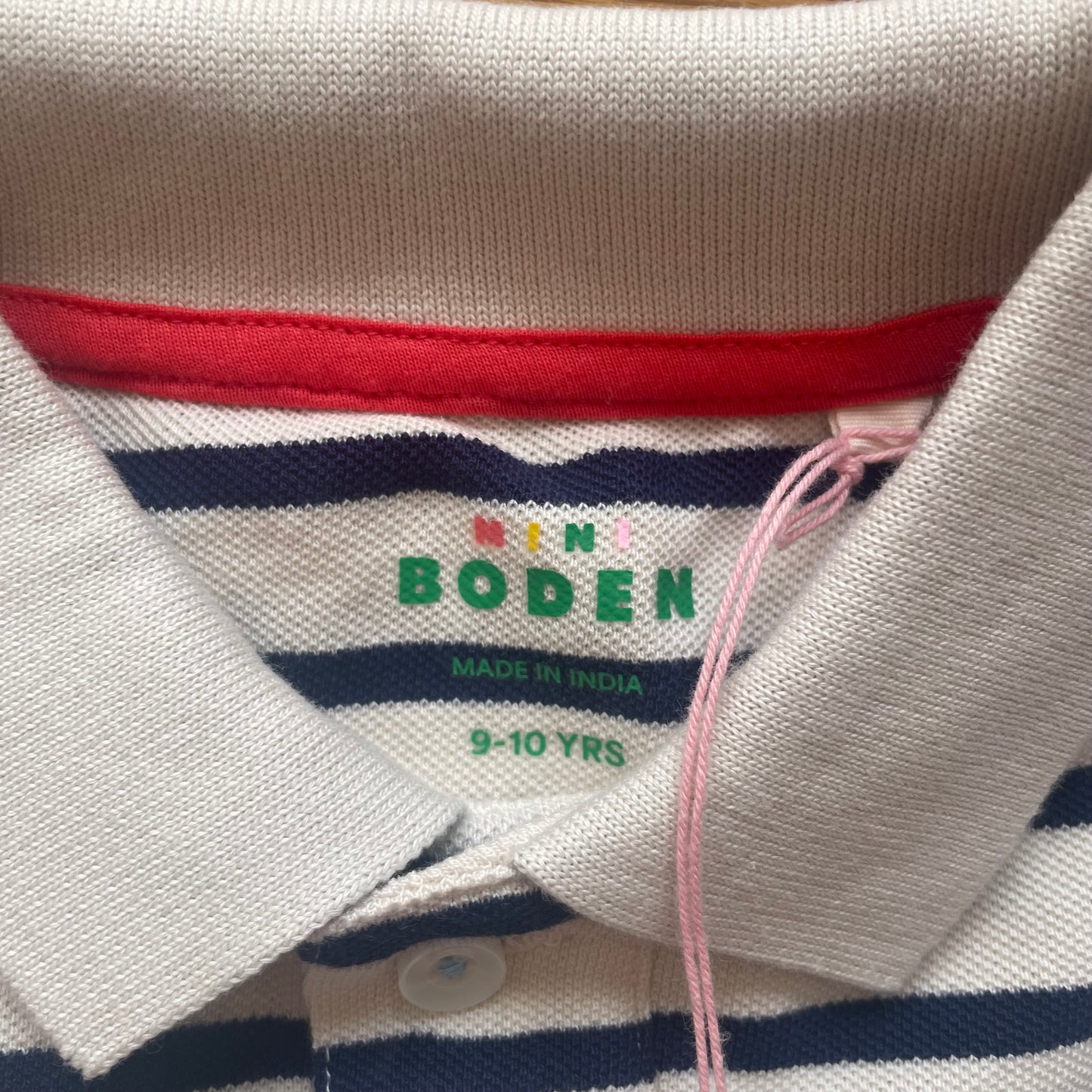 #116 boys mini Biden navy cream stripe polo 9-10