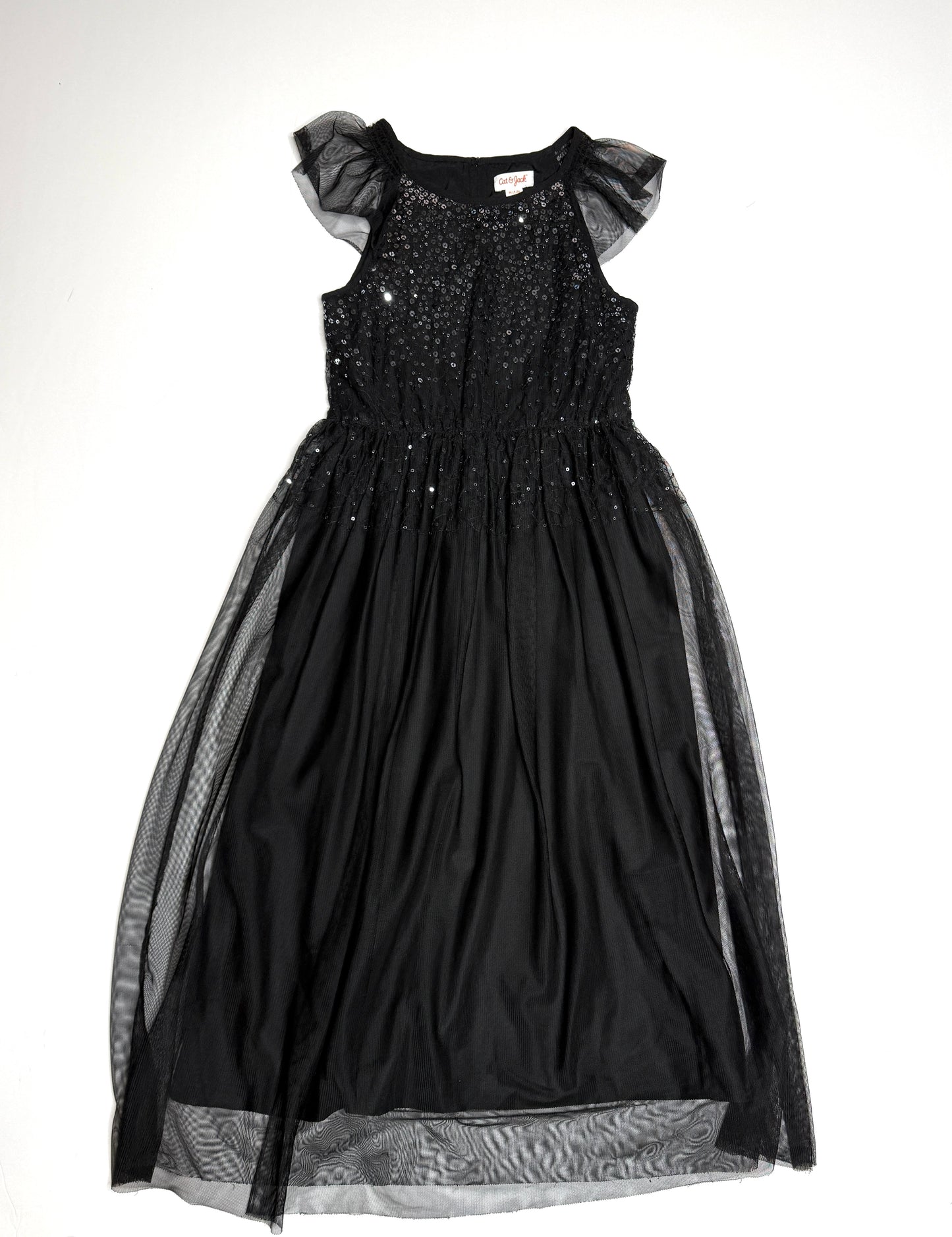 Seller 89 Girls Cat and Jack Size Medium 7/8 Long Black Dress - Sequin Top, Flutter Sleeve - VGUC
