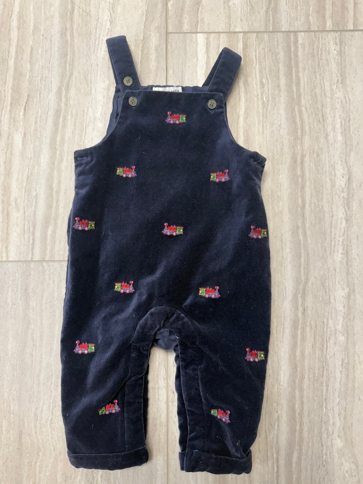 #110 Janie & Jack Boys Navy Velvet Train overalls 12-18 mo.