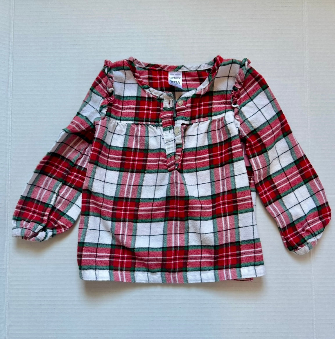#93 Carter's Red Green Plaid L/S Shirt Girls 2T