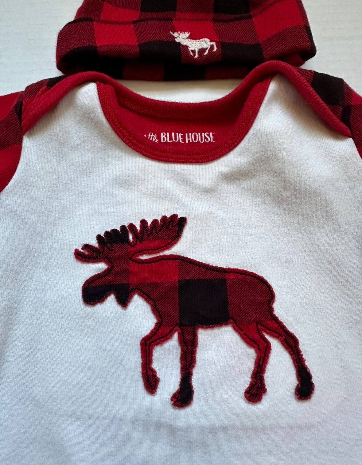 #93 Little Blue House Plaid Moose Onesie & Hat Boys 6-12M