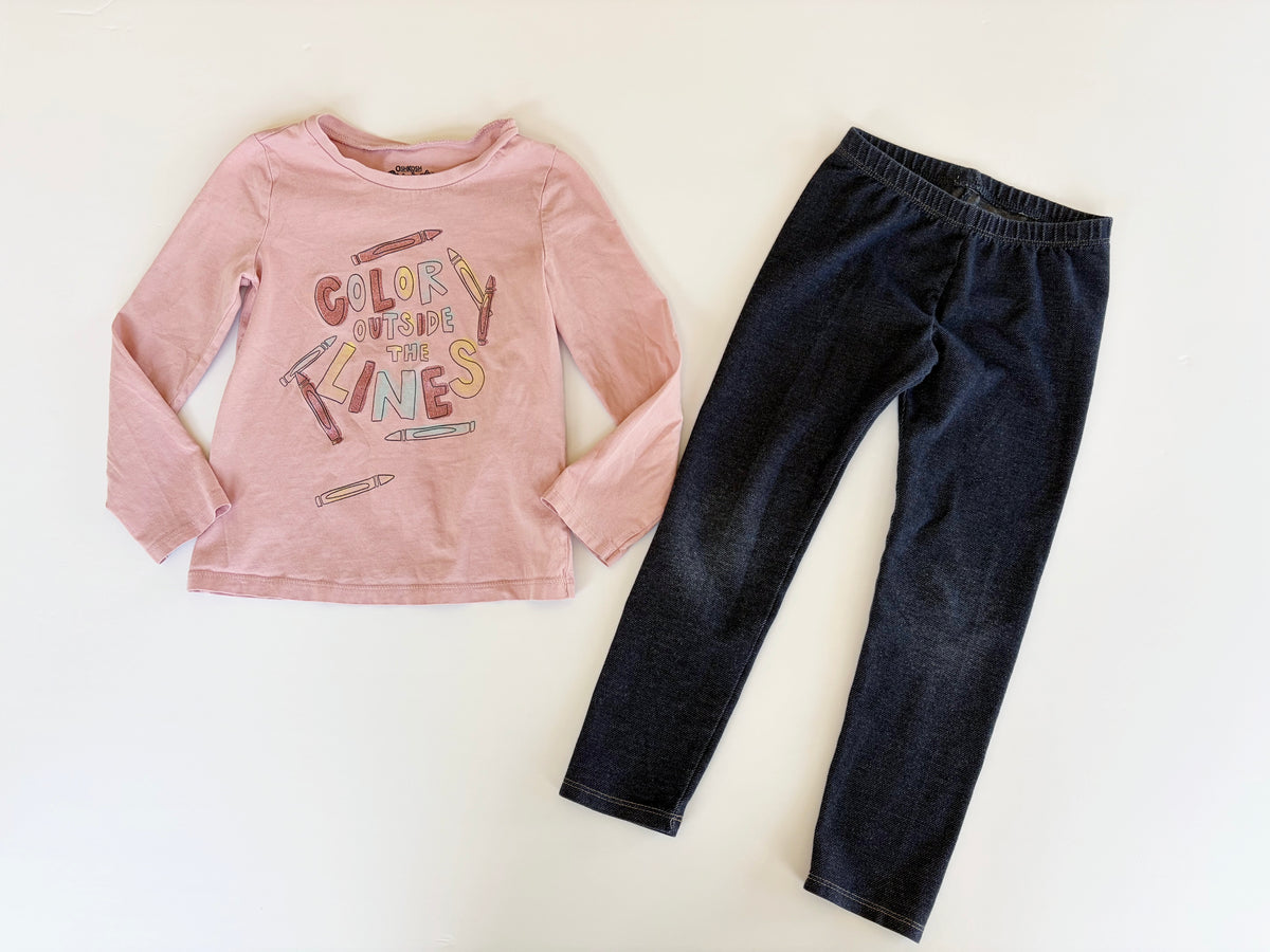 #96 | Size 5T | Osh Kosh / Cat & Jack Girls Long Sleeve Shirt and Denim Style Leggings Outift