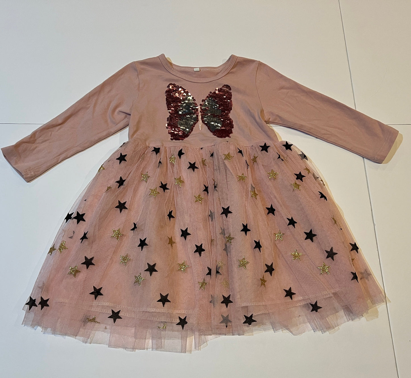 #180 Girls 4 No Brand Butterfly Sequin Tulle Dress with Stars