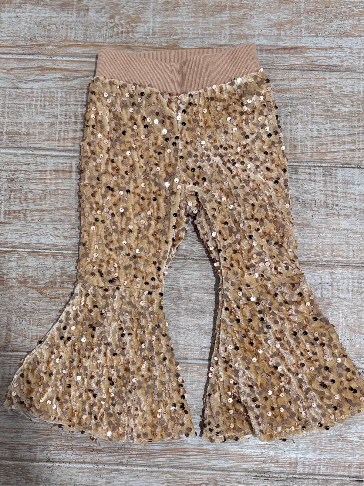 #108 Girls Sequin Gold Boutique Bellbottoms Size 6-12M