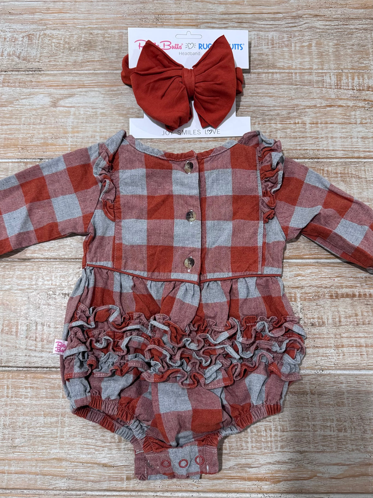 #108 Rufflebutts Gingham Bubble Romper w/ Matching Bow Headband 3-6M