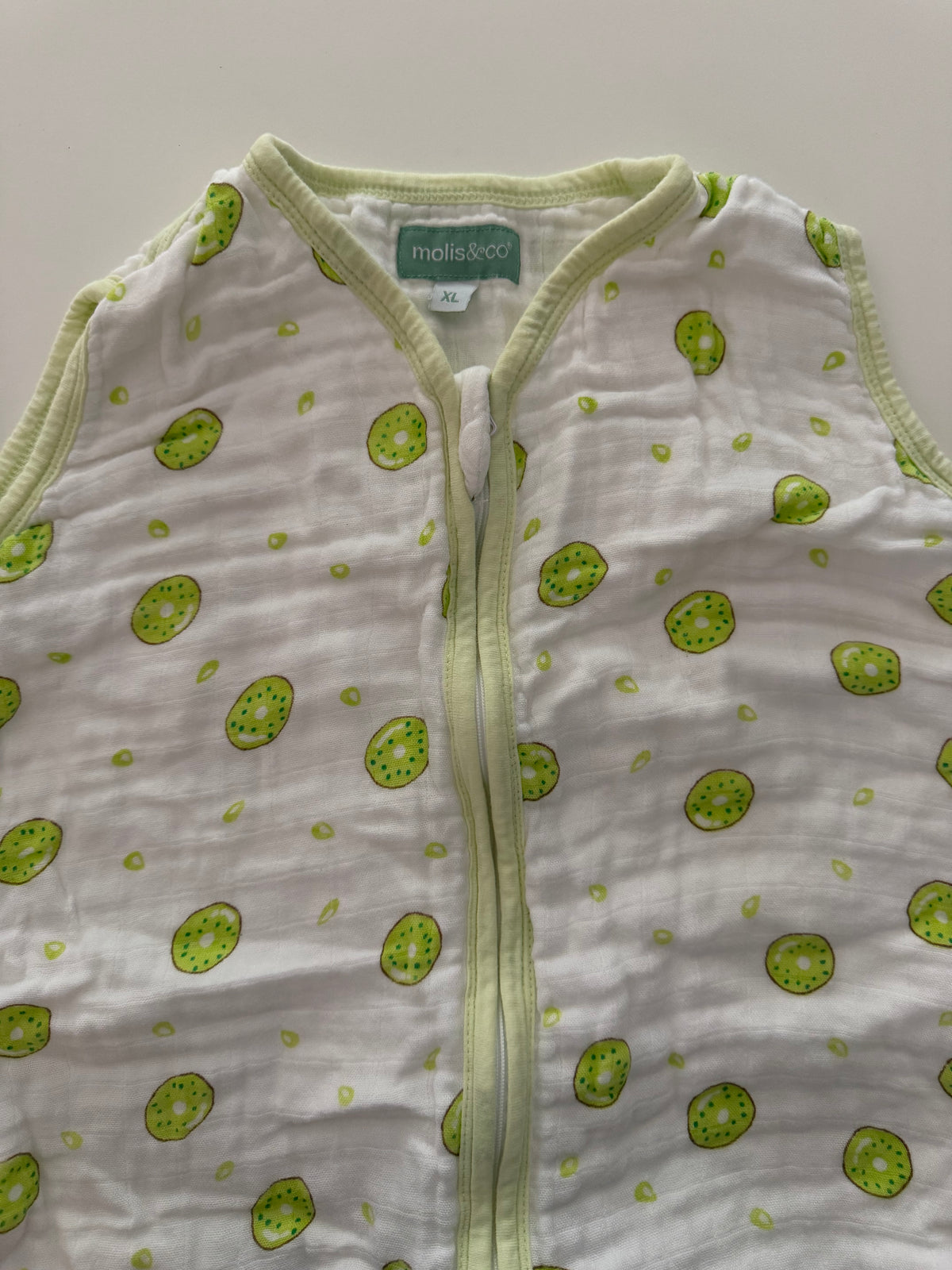 #117, size XL, Molis & Co. kiwi print sleepsack swaddle toddler, VGUC