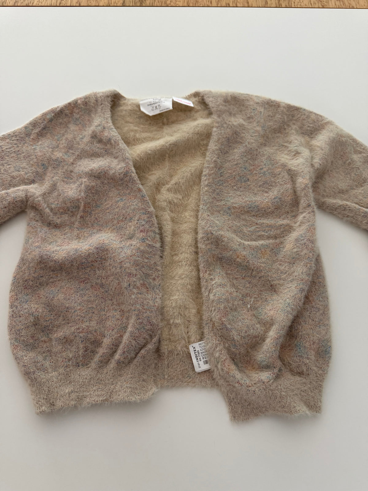 #117, Girls 12M, Zara tan rainbow knit fuzzy cardigan, GUC