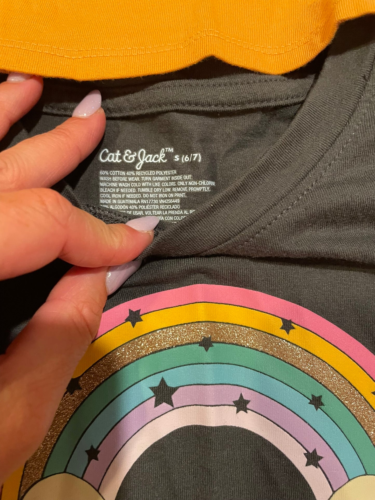 #126 Girls Cat & Jack S (6-7) LS Shirts Set 2 (Yellow Cheetah & Gray Rainbow) GUC
