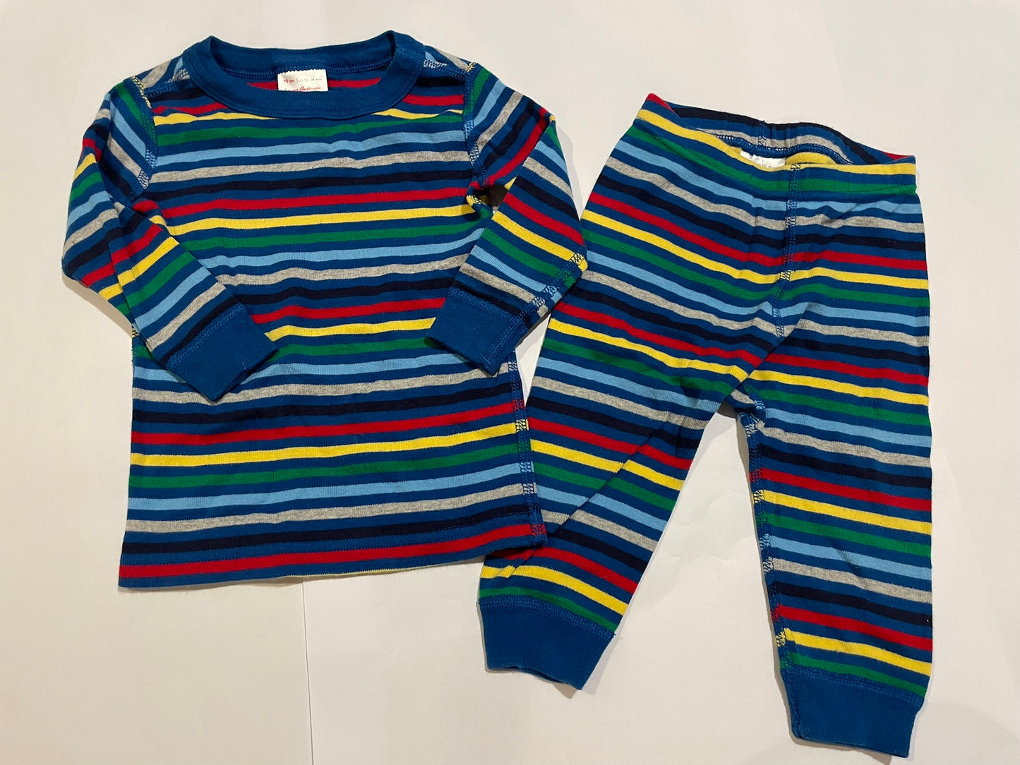 #126 Hanna Andersson 75/12-18m Blue/Colored Stripes Long John Jammies EUC
