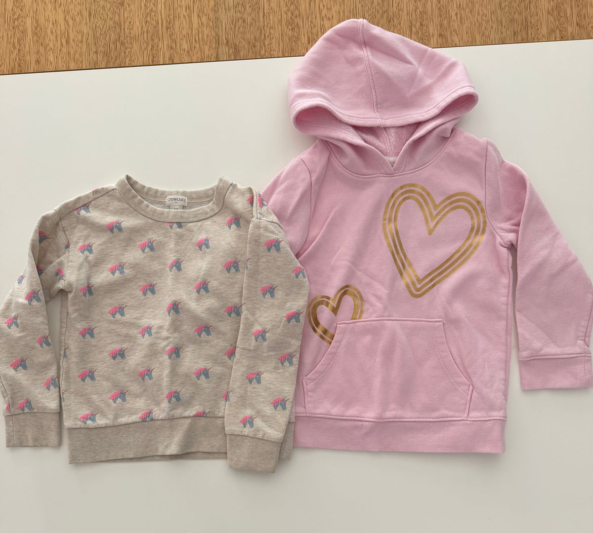 #117, Girls 5, Crewcuts beige unicorn sweatshirt & Cat & Jack pink heart hoodie, GUC