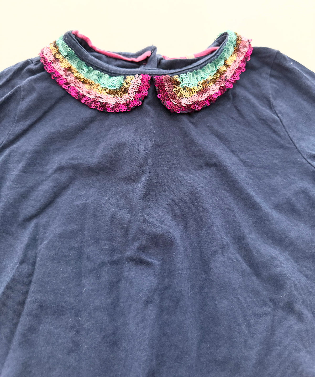 #117, Girls 4T, Boden navy shirt with rainbow sequins, VGUC