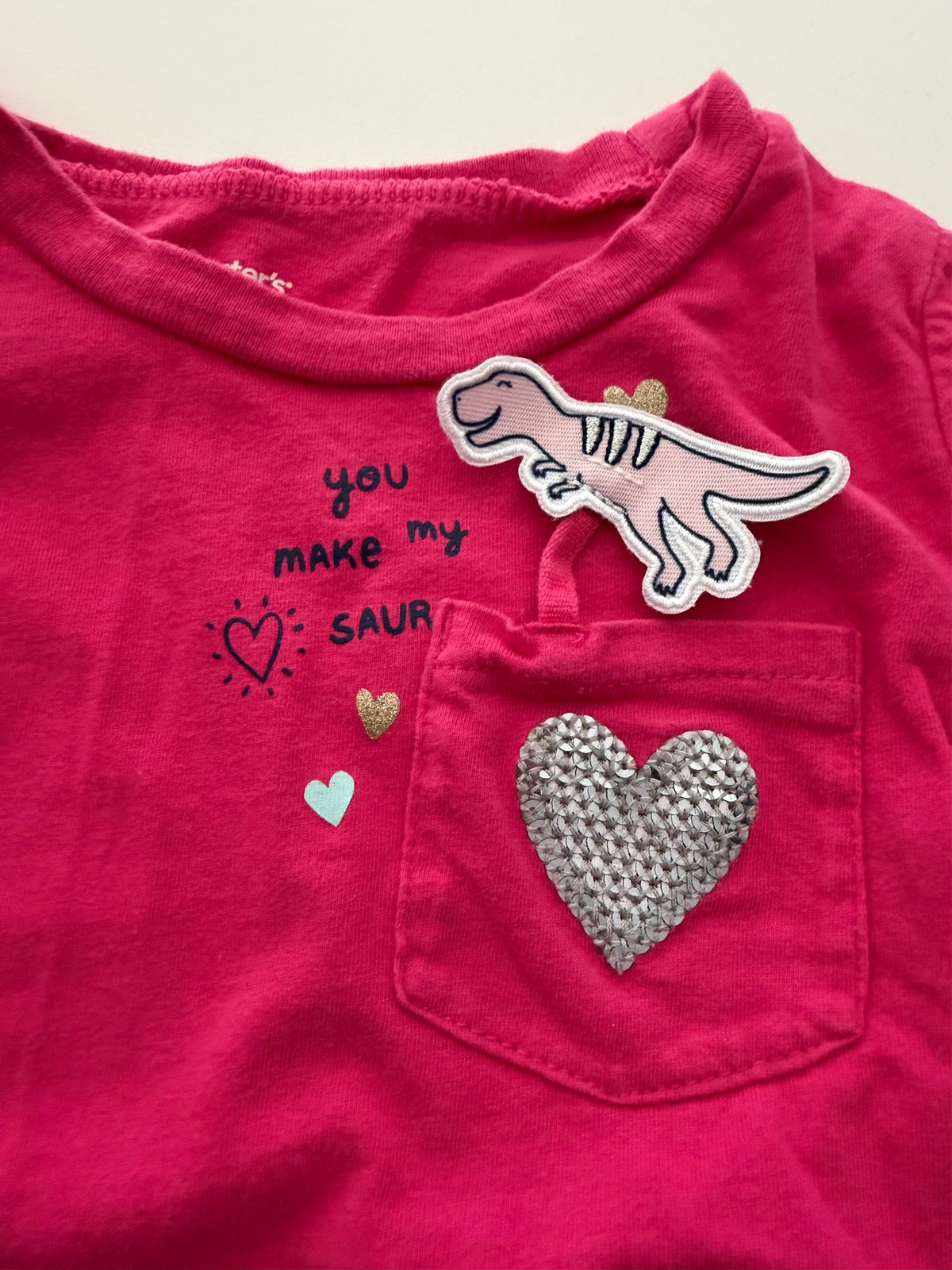 #117, Girls 4T, H&M grey unicorn sparkle shirt & Carter’s pink dinosaur shirt, VGUC