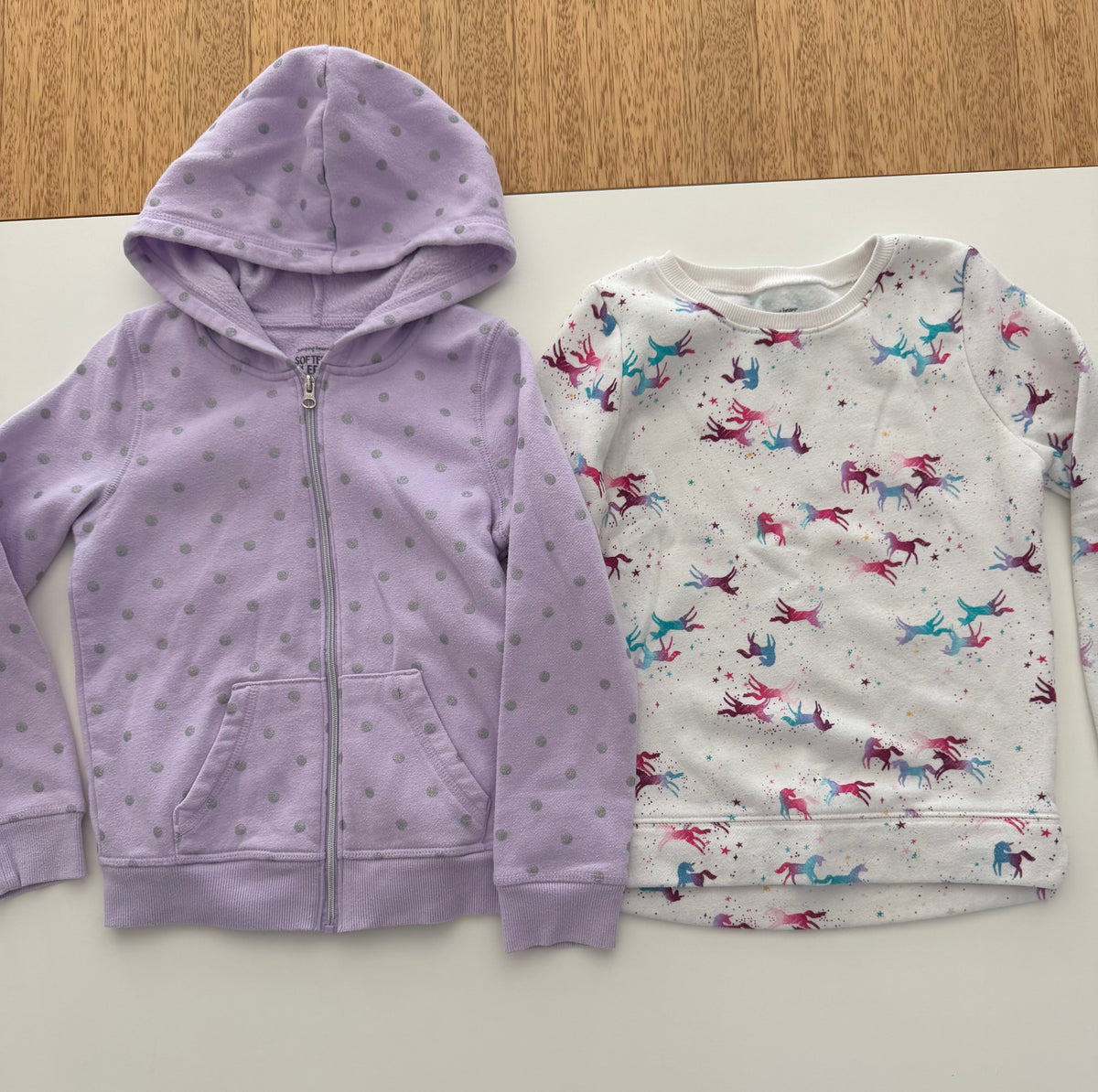 #117, Girls 6, Jumping Beans softest fleece purple zip up hoodie and unicorn sweatshirt, GUC
